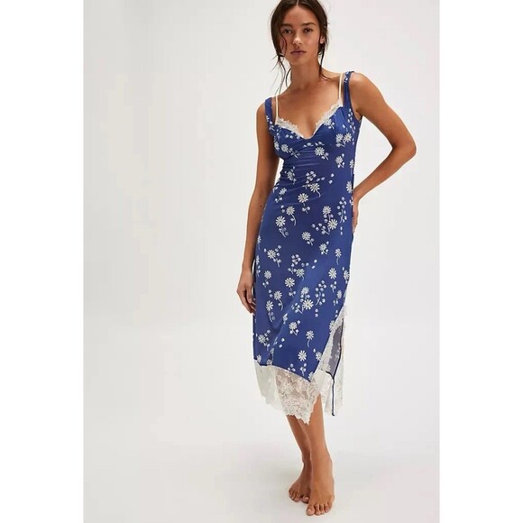 Free People Intimately Party Crasher Lace Midi Slip, Blue Floral Slip Dress $78 - Picture 1 of 16